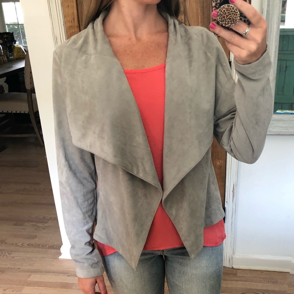 Grey faux suede drape front jacket